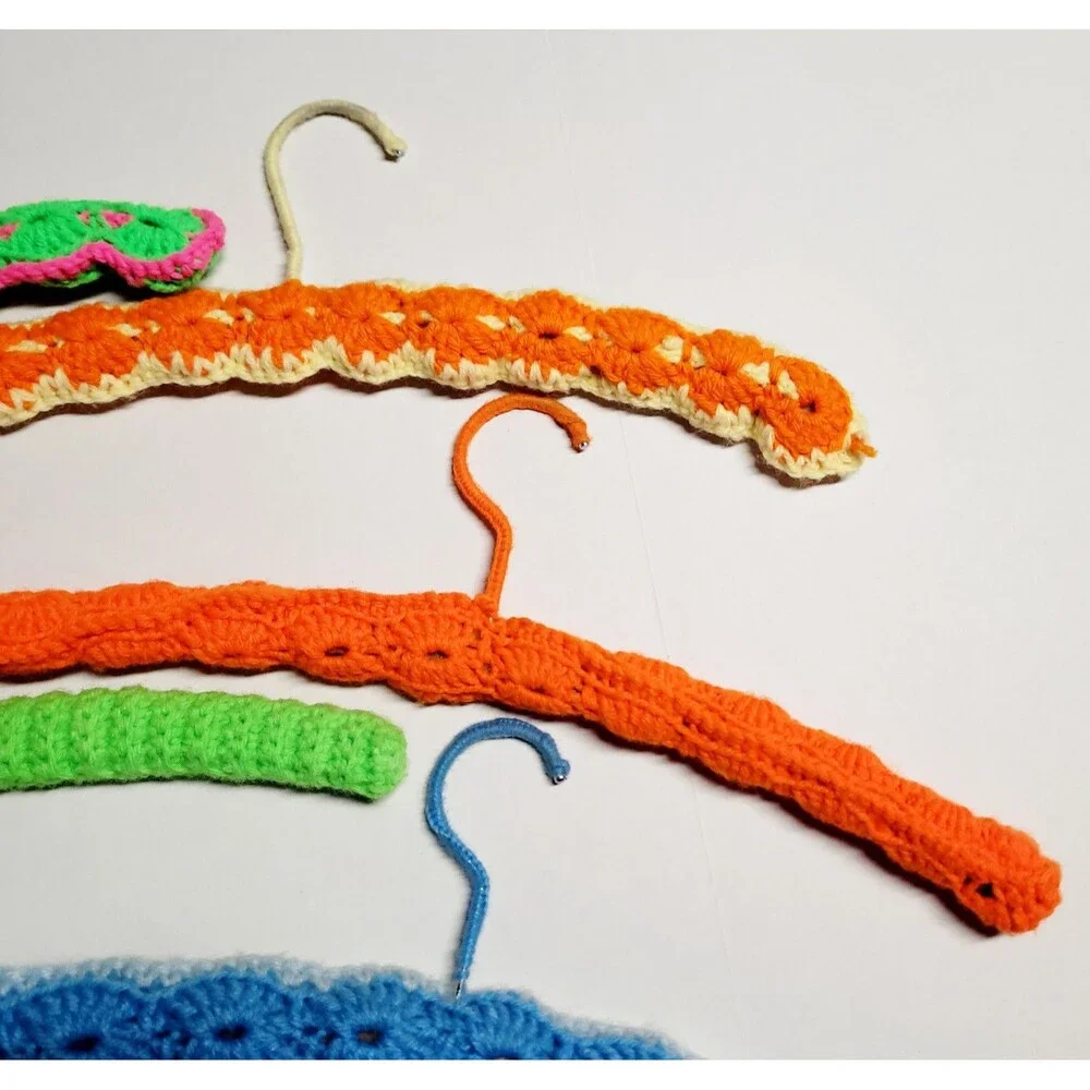 Lot Of 5 Vtg Handmade Crochet Wood Hangers Granny Core Multicolored 17”
